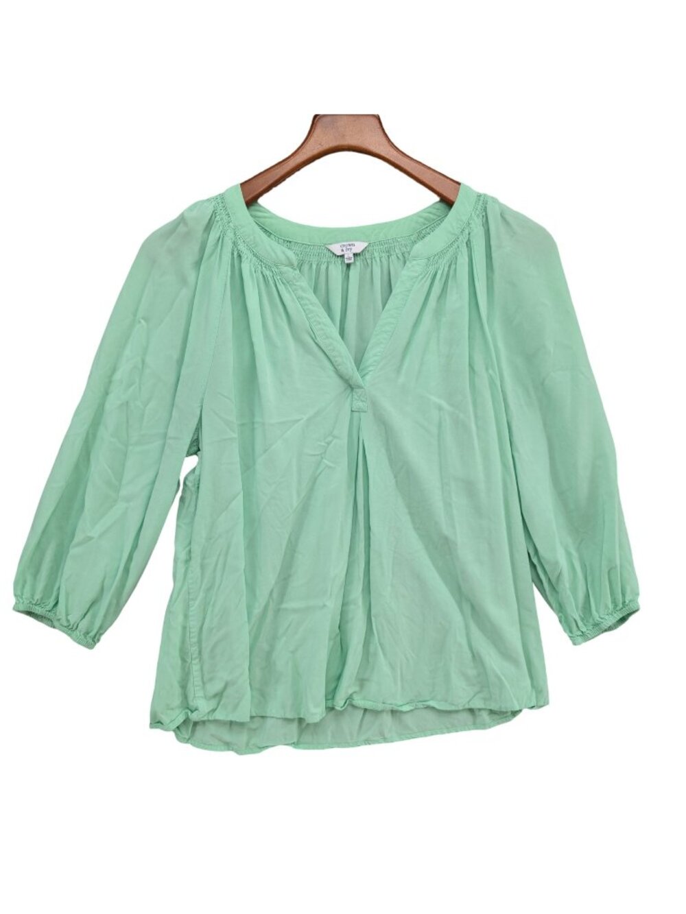 Crown & Ivy Blouse Womens Mint Green 3/4 Sleeve V Neck Pleated Size L